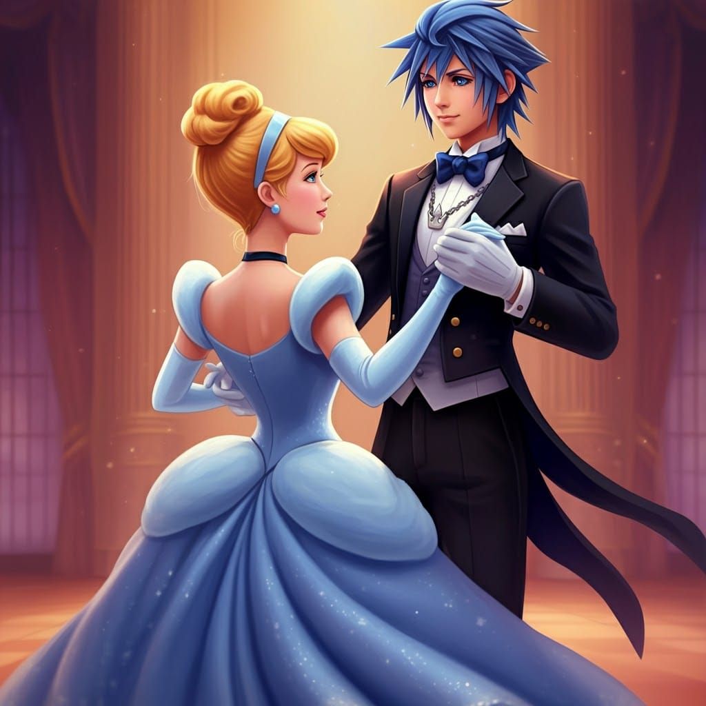 Aqua from Kingdom Hearts wearing a tuxedo and dancing with Princess Cinderella.