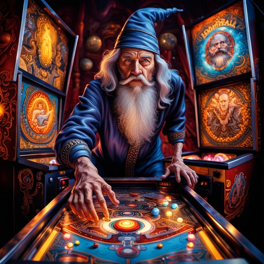 Wizard Plays Pinball in Digital Matte Painting Style