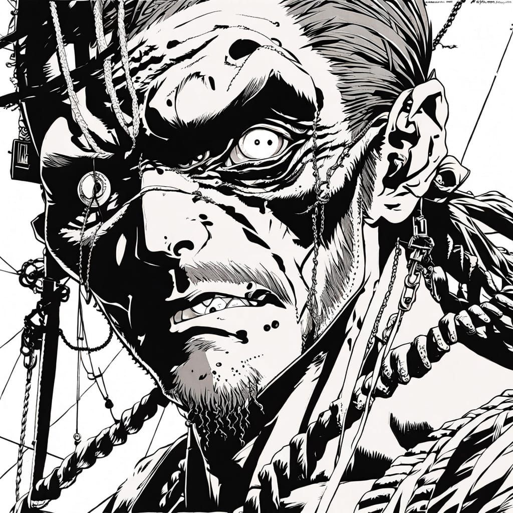Pirate Climbing Rigging with Intricate Eyes in Manga Style