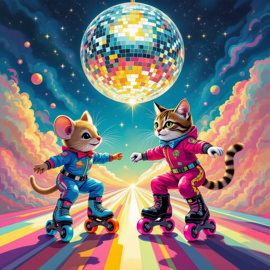 Surrealist Rollerblading Mouse and Cat Duo