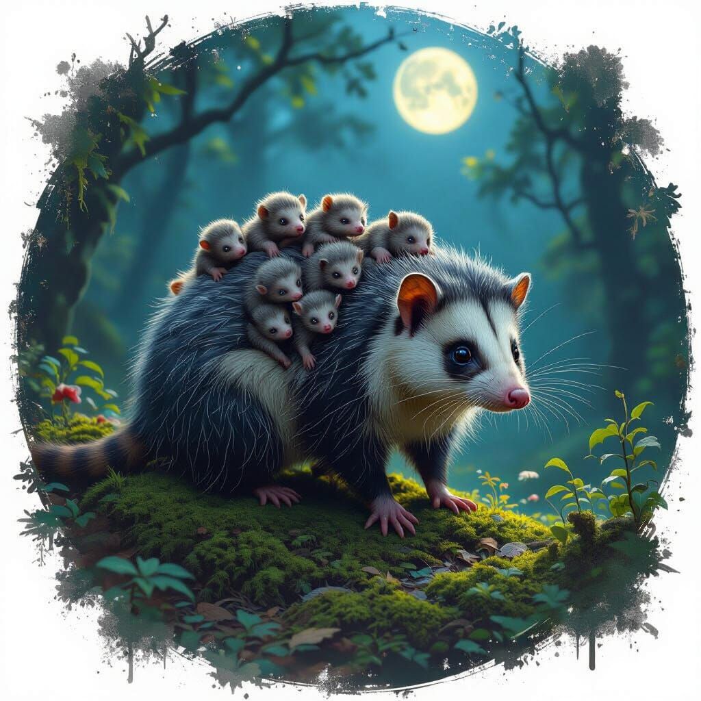Mother Opossum with Babies in Moonlit Forest