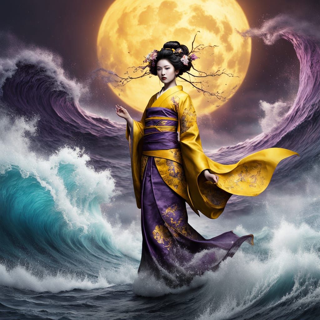 Cyberpunk Fantasy Geisha amidst Oceanic Turmoil