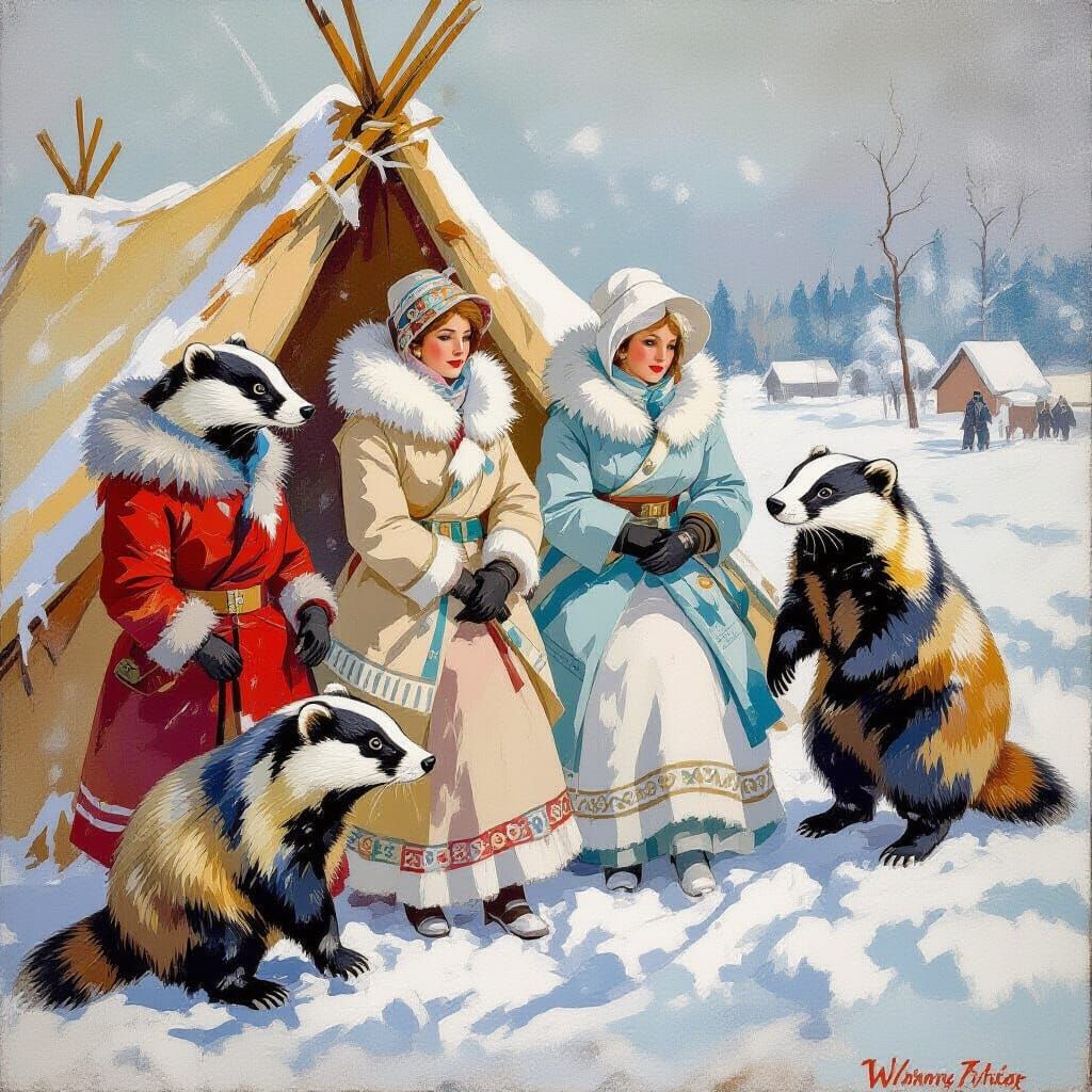 Epic Impressionist Masterpiece of Snowstorm Riders and Badge...