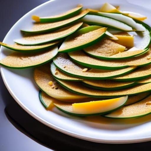Thin sliced mango slices, arranged in a spiral pattern