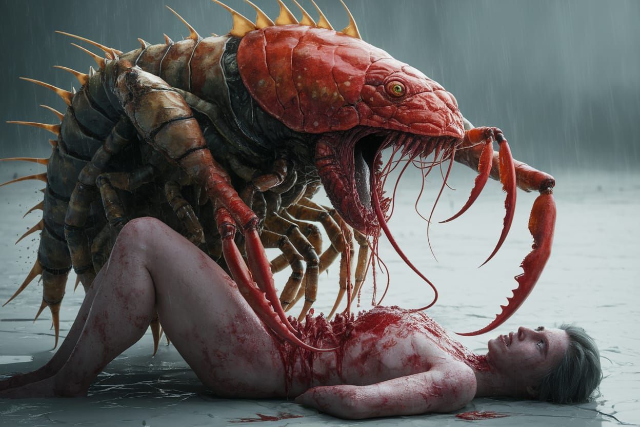 Grotesque Crustacean Monster Devours Captured Human