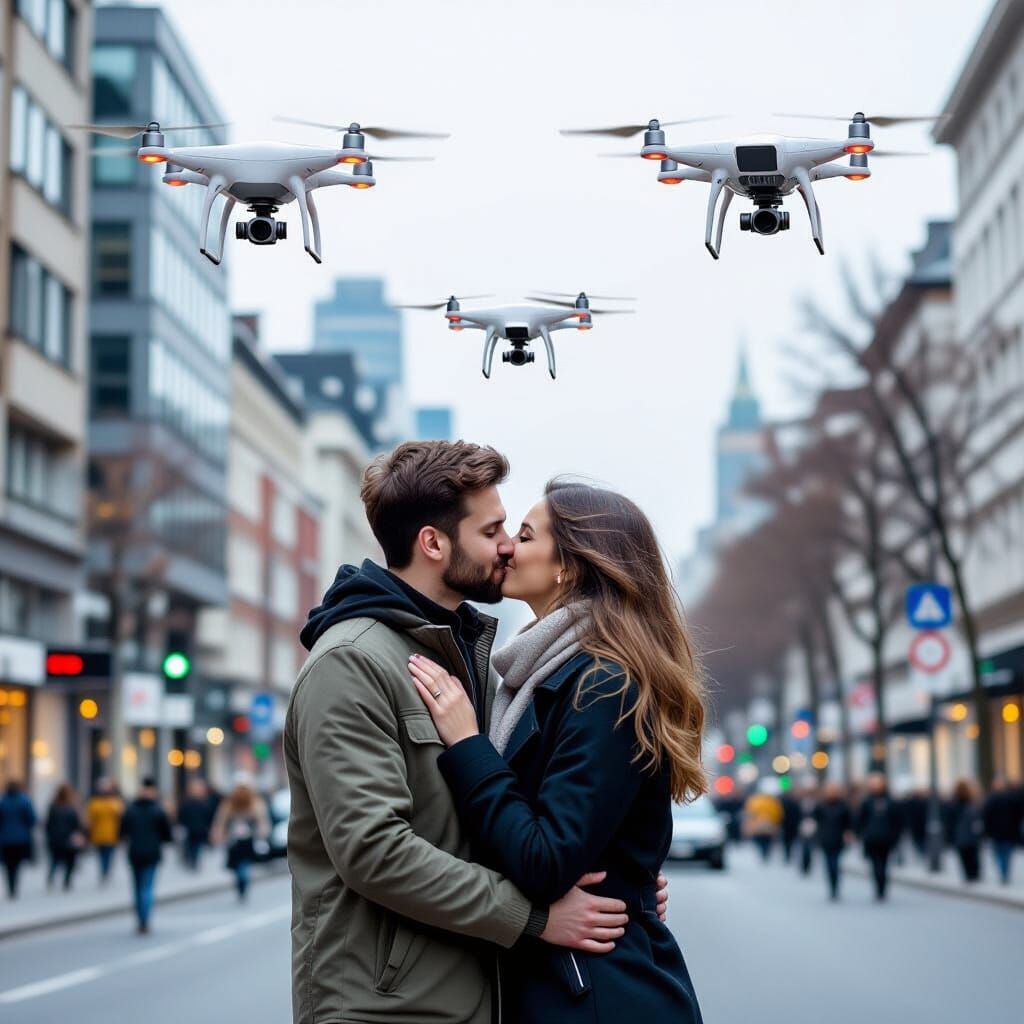 Couple Kissing in City Under Surveillance Drones