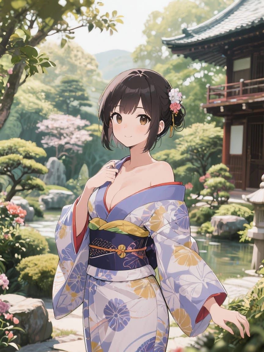 Anime Woman in Open Kimono at Japanese Garden