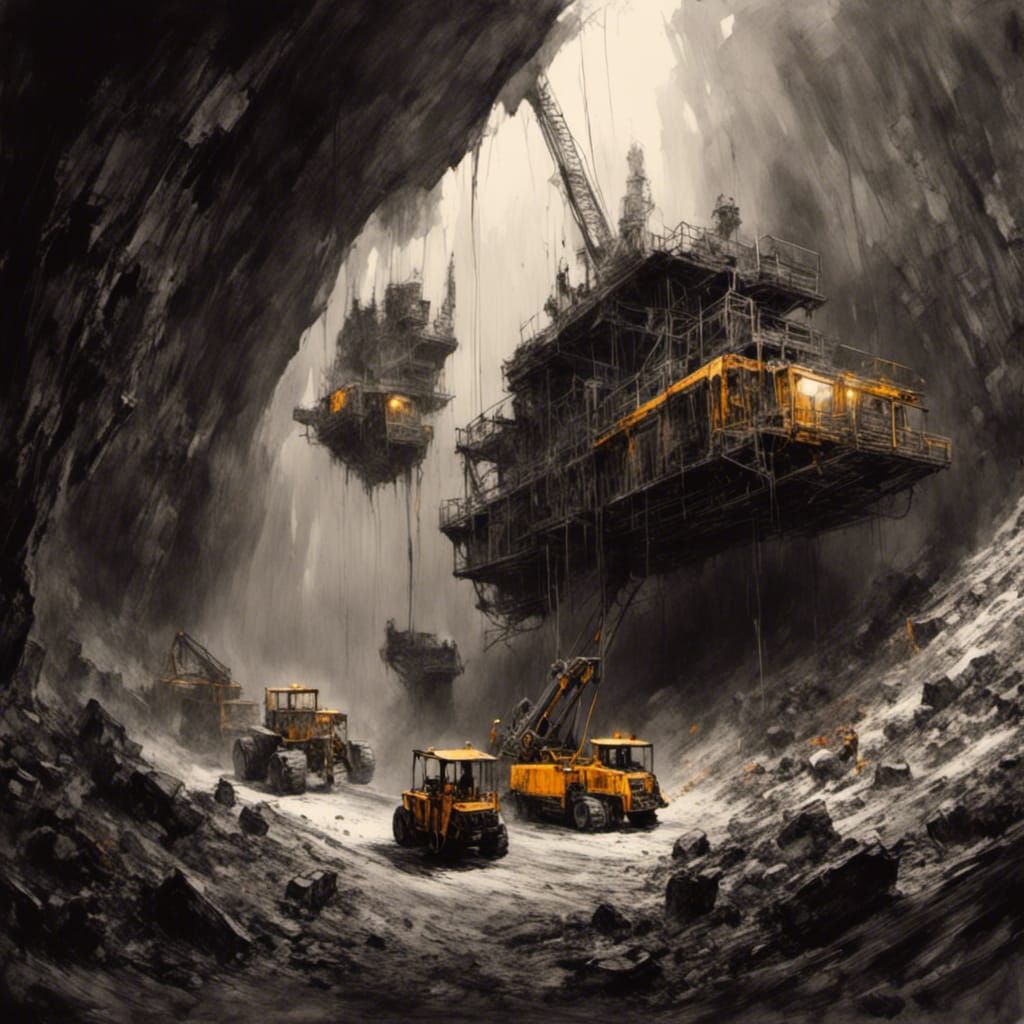 Monochromatic Coal Mine Interior with Drilling Machine