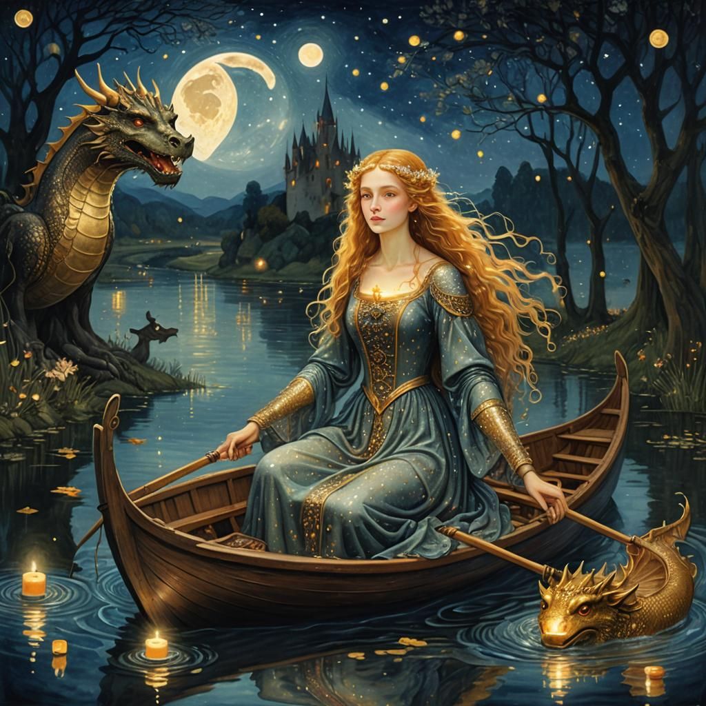 Medieval Woman and Dragon on Magical River