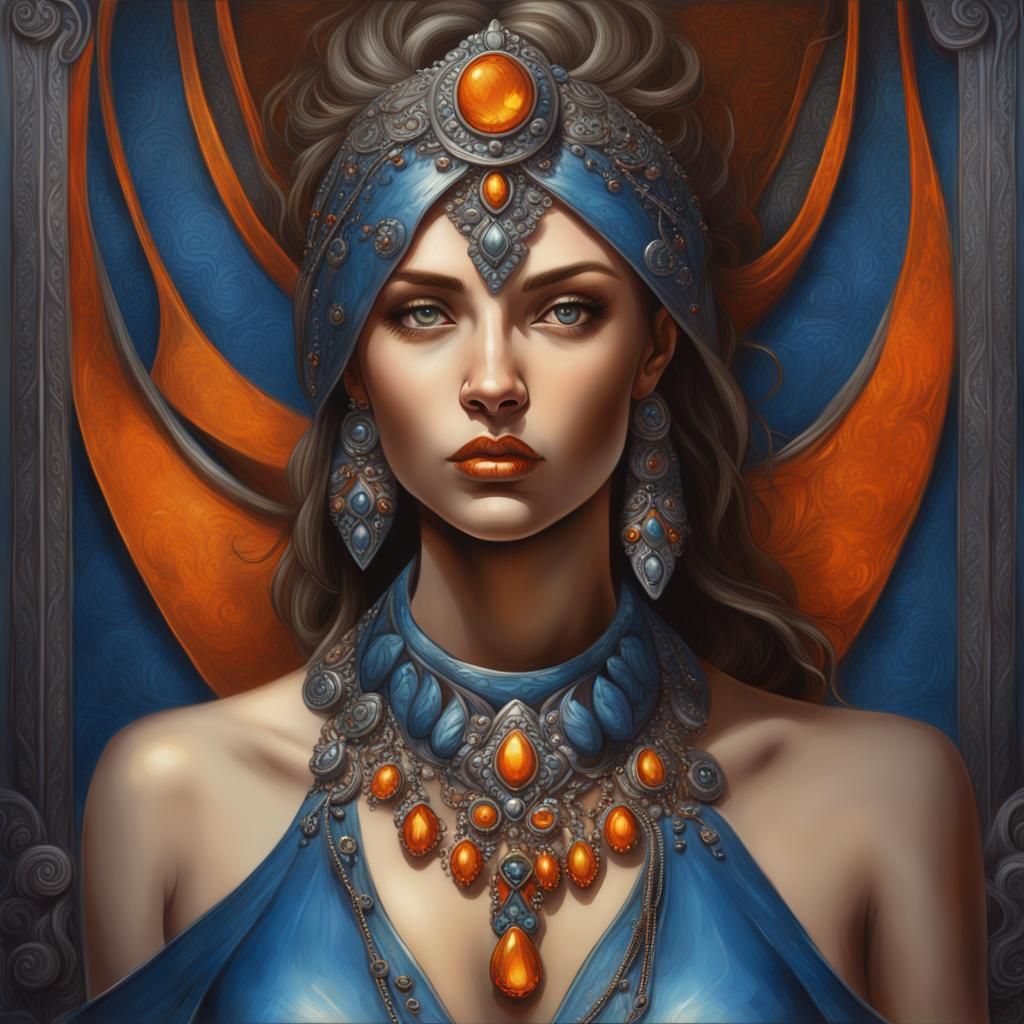 Woman in Blue and Orange Jewelry: Fantasy Illustration
