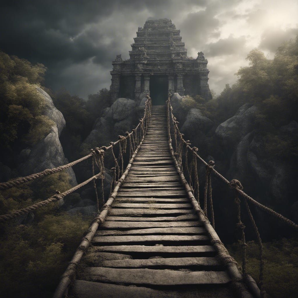 Ancient Temple and Collapsed Bridge in Dramatic Lighting