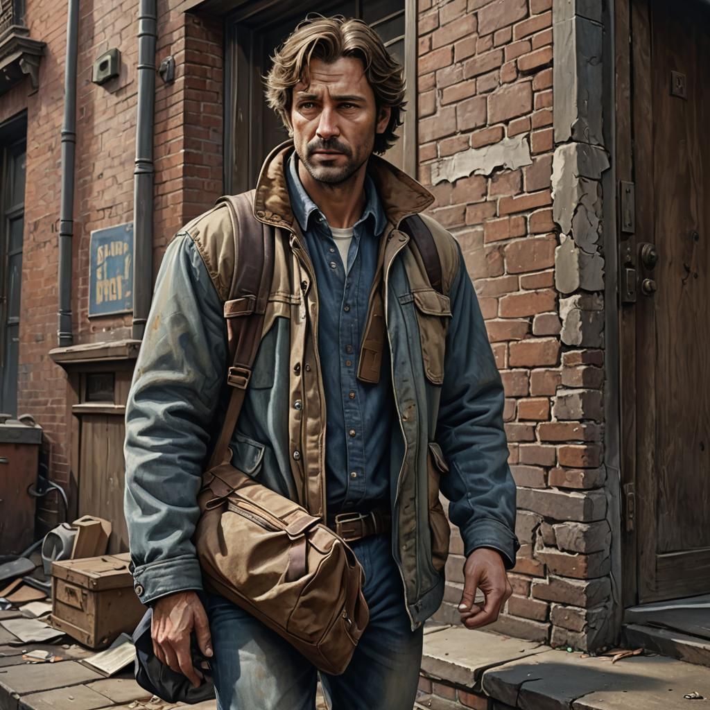 Worn Man on Stoop: Detailed Matte Painting