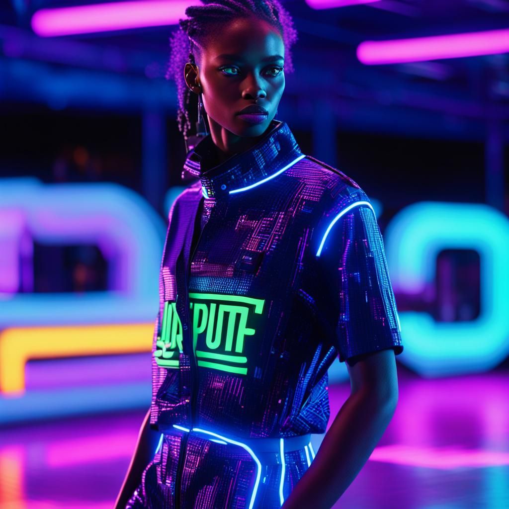 Model on Runway with Neon Lights in Digital Art