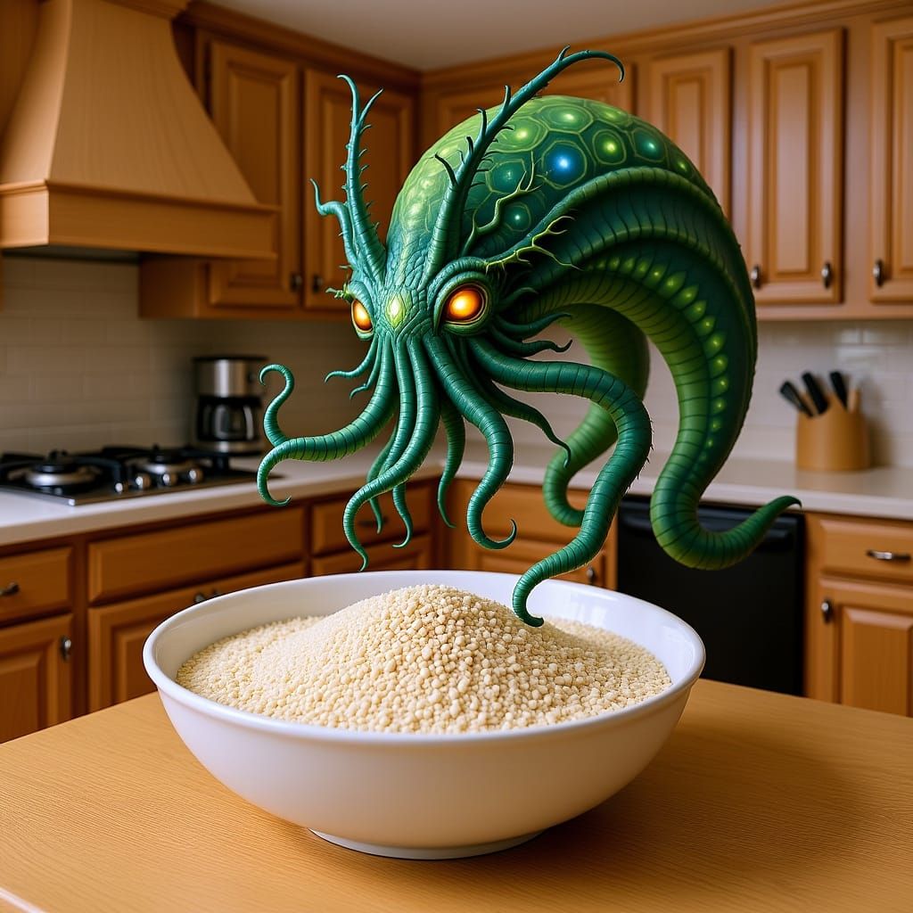 Surreal Kitchen Scene with Giant Cereal Bowl