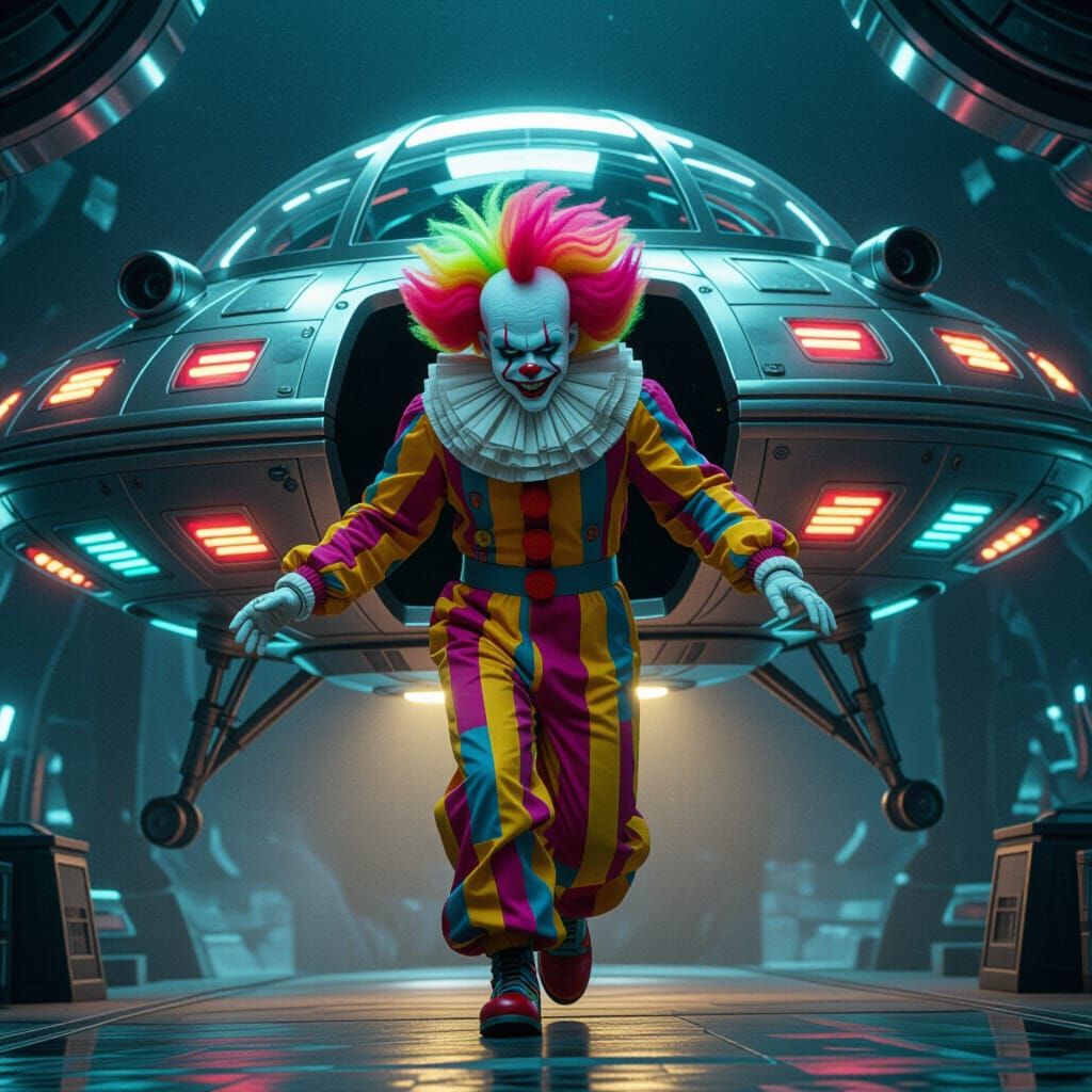 Alien Clown Exiting UFO in Futuristic Style