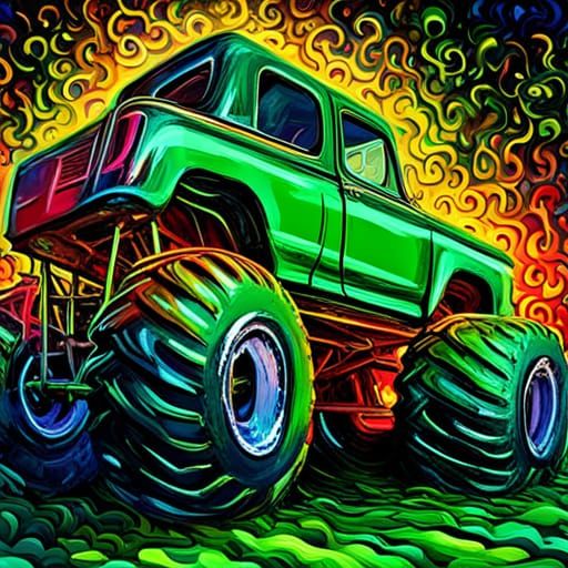 Green and Black Monster Truck in Expressionist Style