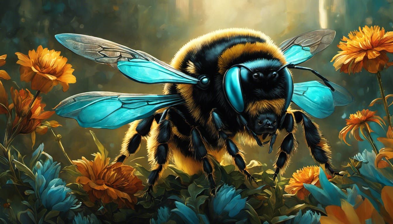 Cyberpunk Floral Bumblebee in Amber, Black, and Turquoise