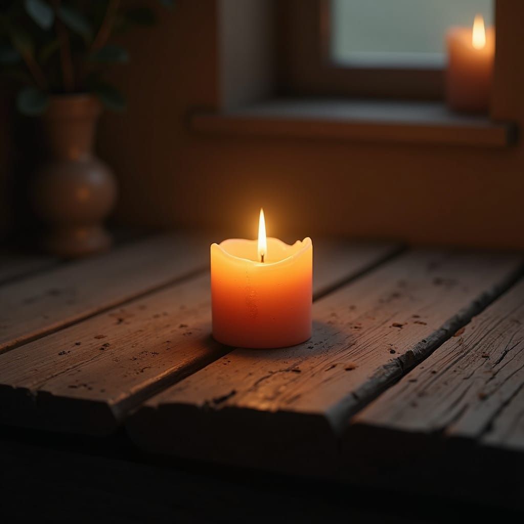 Warmly Lit Candle on Rustic Wooden Table
