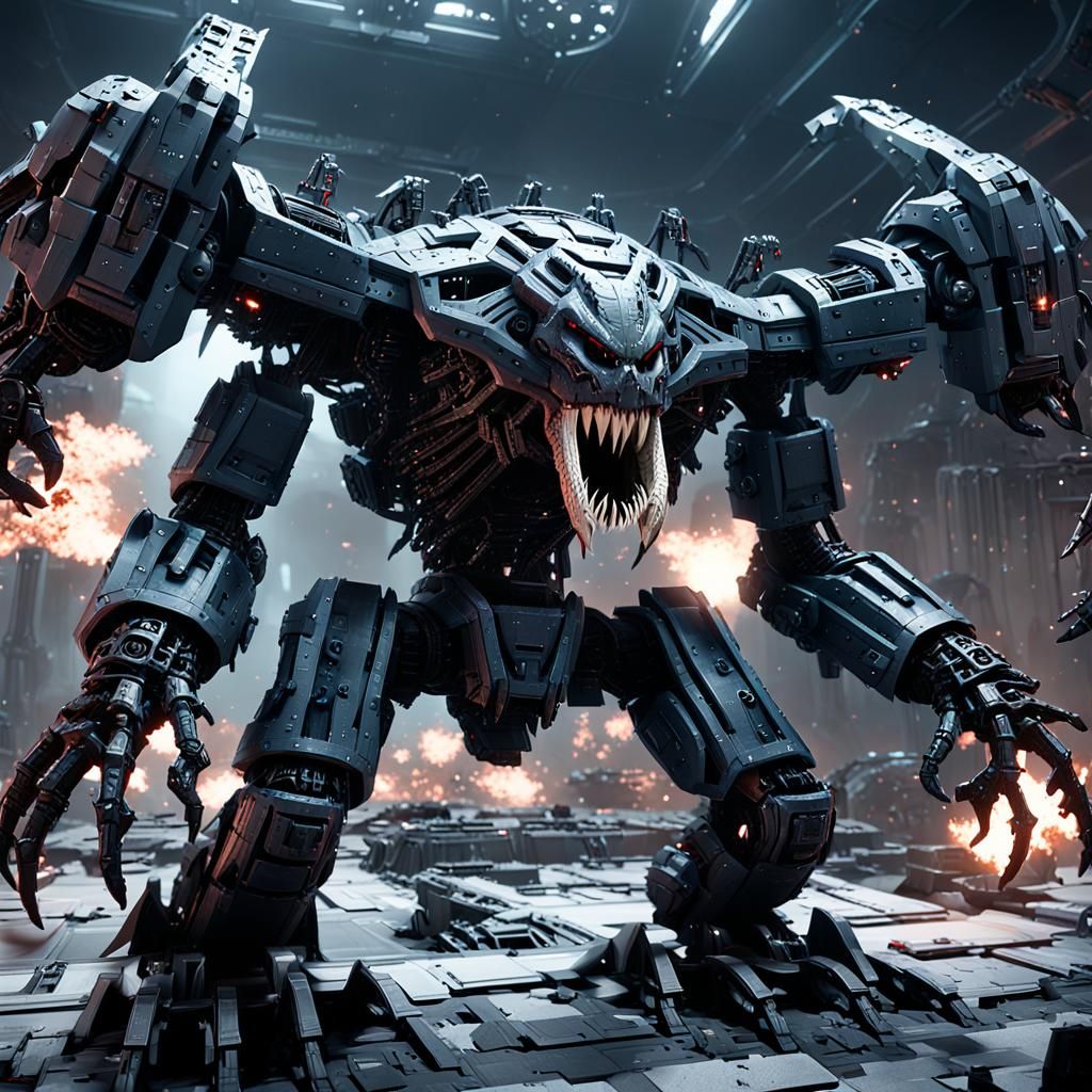 Grim Dark Custodes Dreadnought Battle in Sci-Fi Style