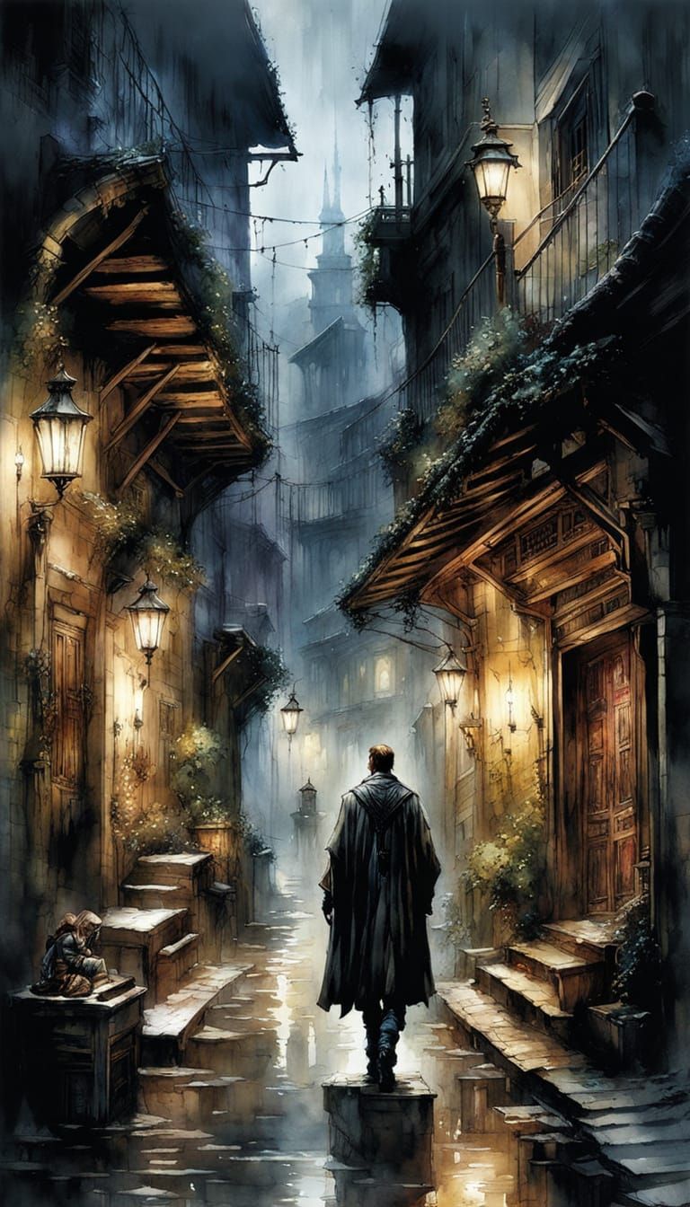 Dreamy Watercolor Tavern Alleyways with Cinematic Lighting