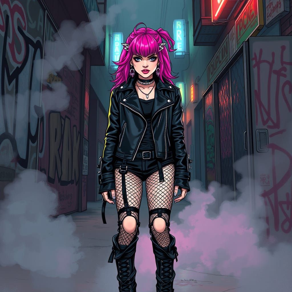 Rebel Woman in Neon Alleyway