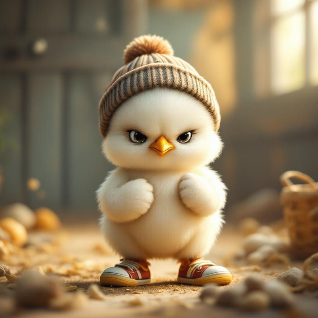 Scowling Baby Chicken in Cozy Farm Setting