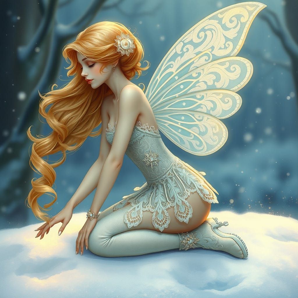 A snow fairy, sitting on a snow covered mound