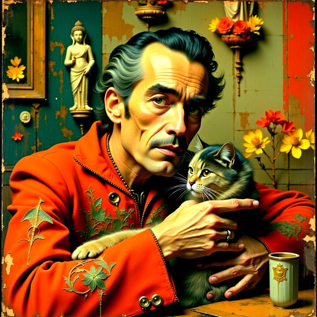 Salvador Dali with Cat in 70s Style Photo