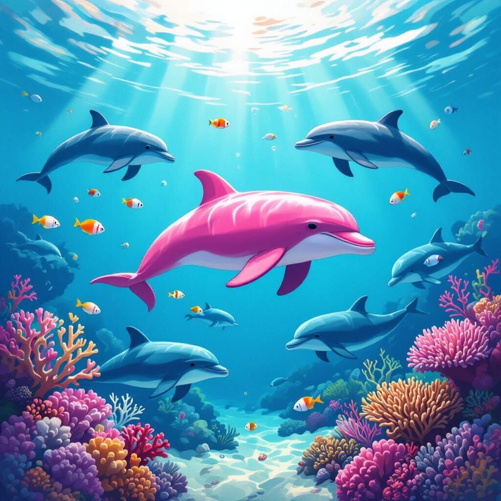 Vibrant Pink Dolphin Leads Pod in Enchanting Ocean Scene
