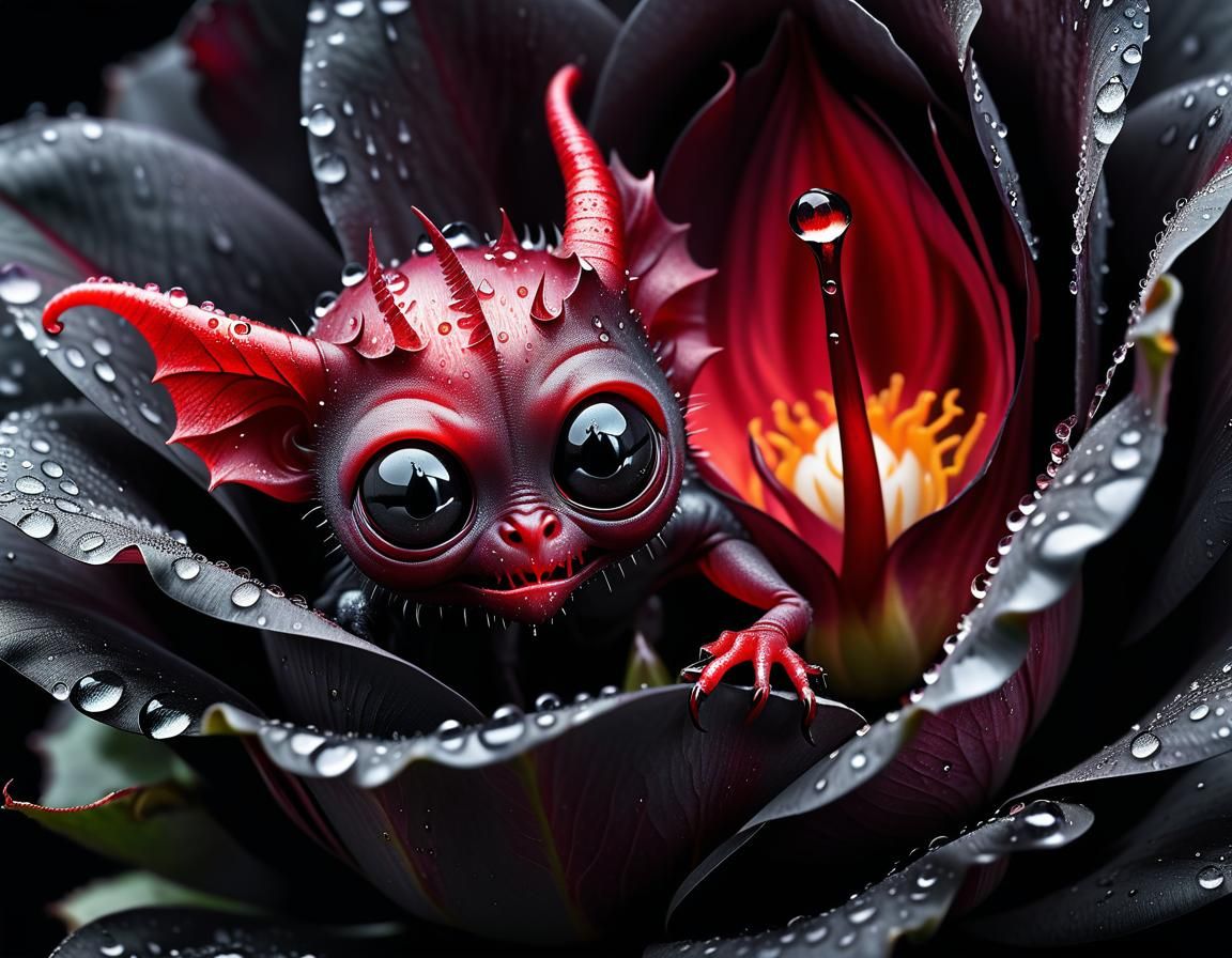 Demonic Baby Devil Emerges from Black Rose
