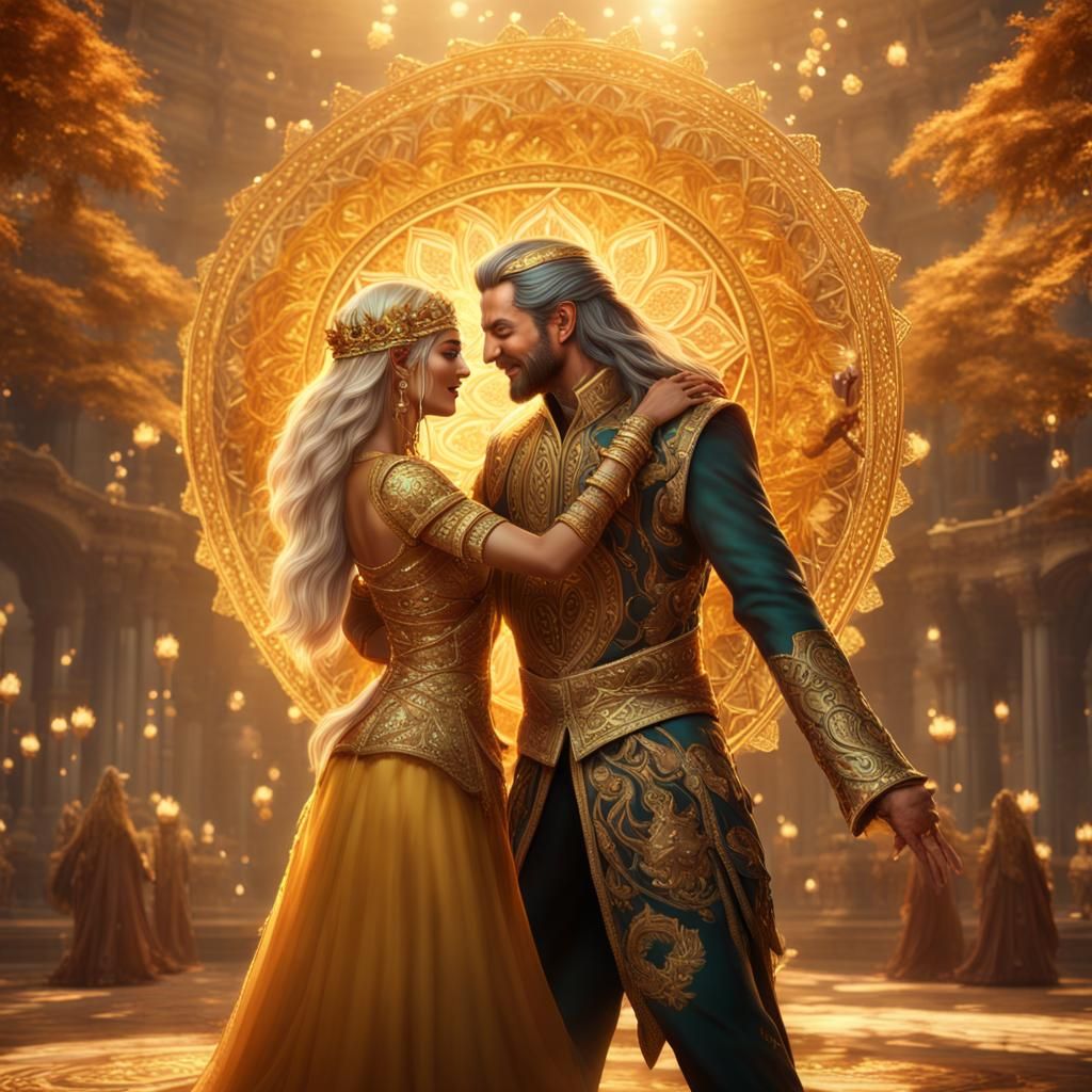 Golden Elf Royalty Tango on Mandala, Detailed Painting