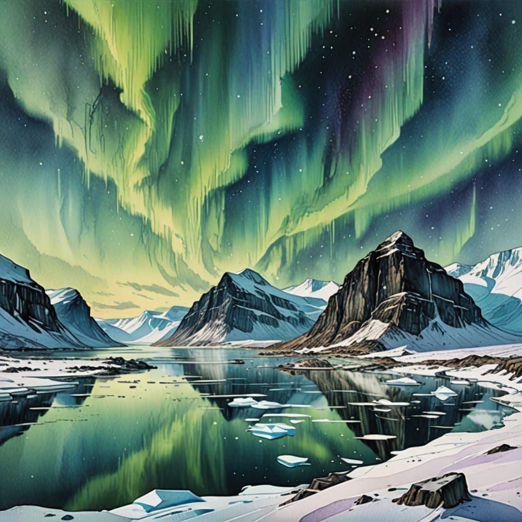 Vibrant Arctic Fjord Landscape in Whimsical Watercolour Styl...