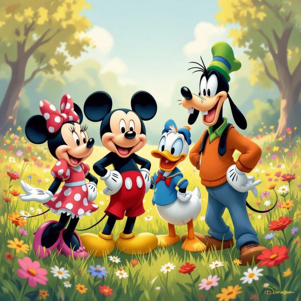 Mickey Mouse and Friends in a Sunny Meadow