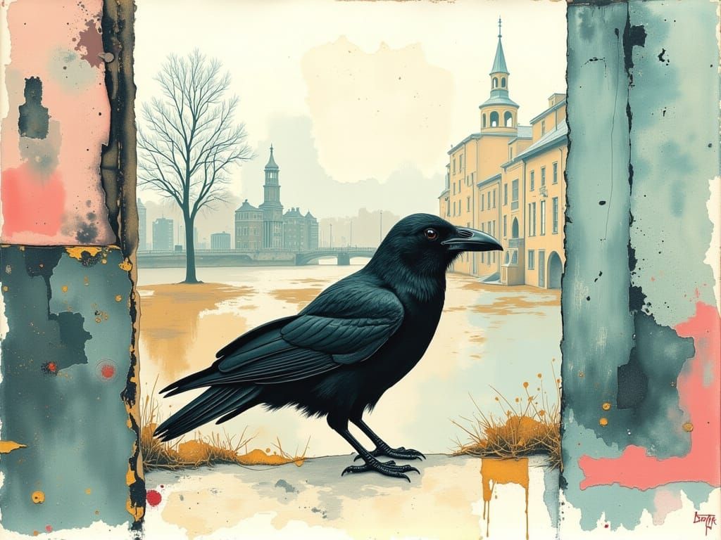 Dreamlike Watercolor Urban Landscape with Crow
