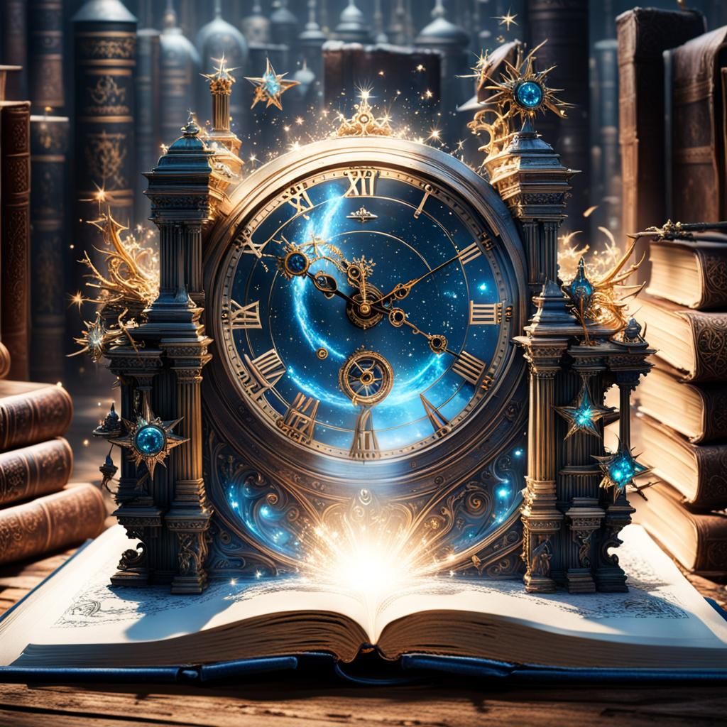Sci-Fi Clock Emerges from Book with Stars