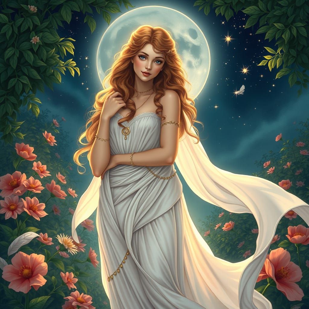 Ethereal Goddess of Love in a Moonlit Garden
