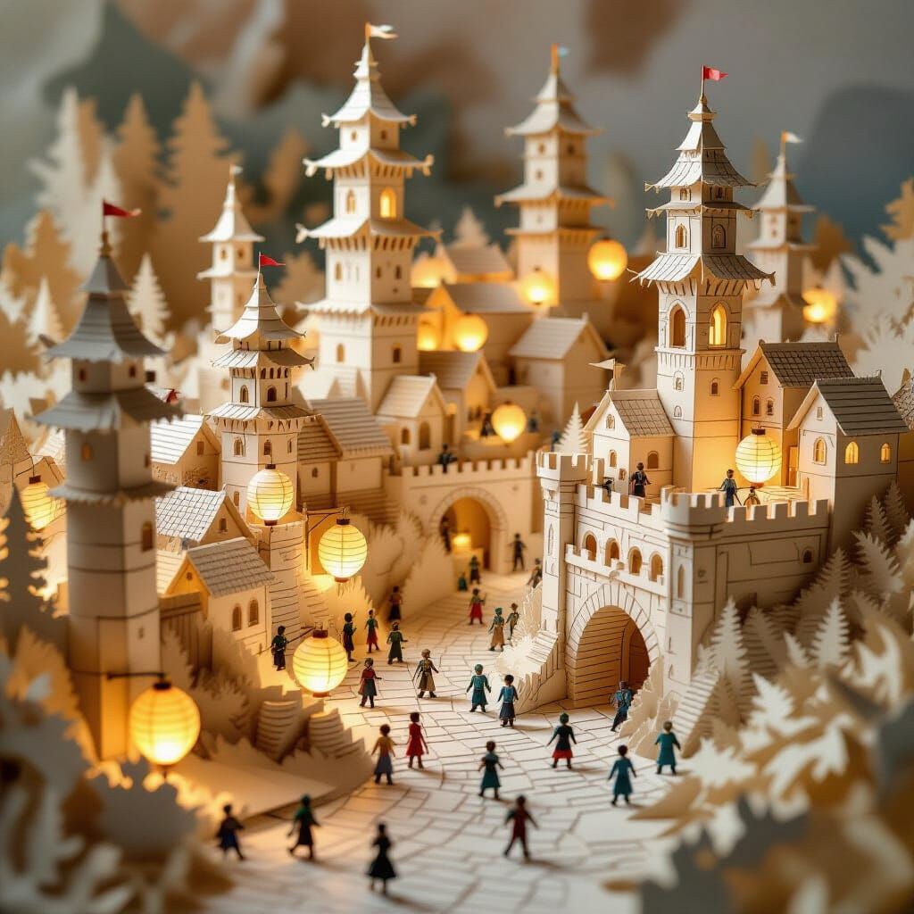 Intricate Papercraft Medieval City with Lanterns