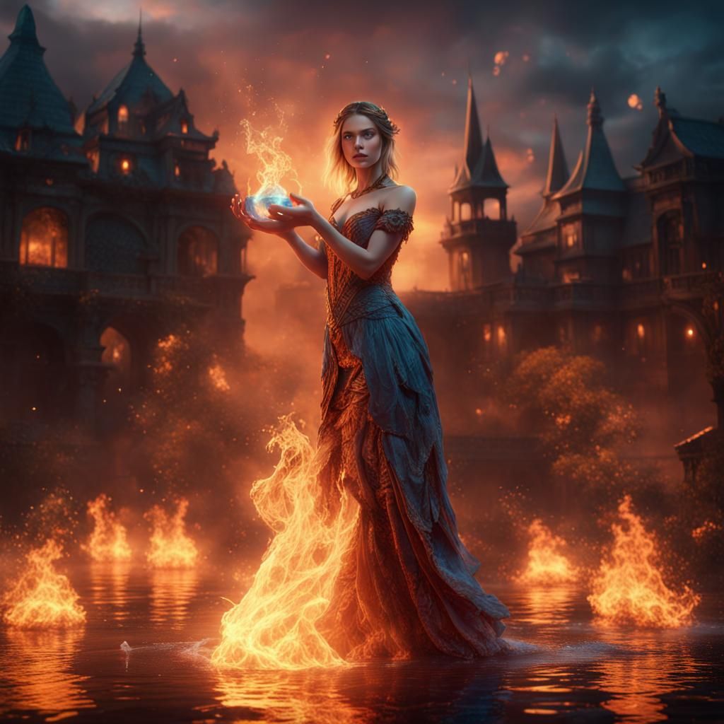 Enchanting Woman with Water and Fire in Fantasy Art