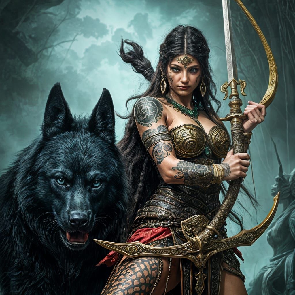 Goddess Warrior with Golden Mask and Battle Dog