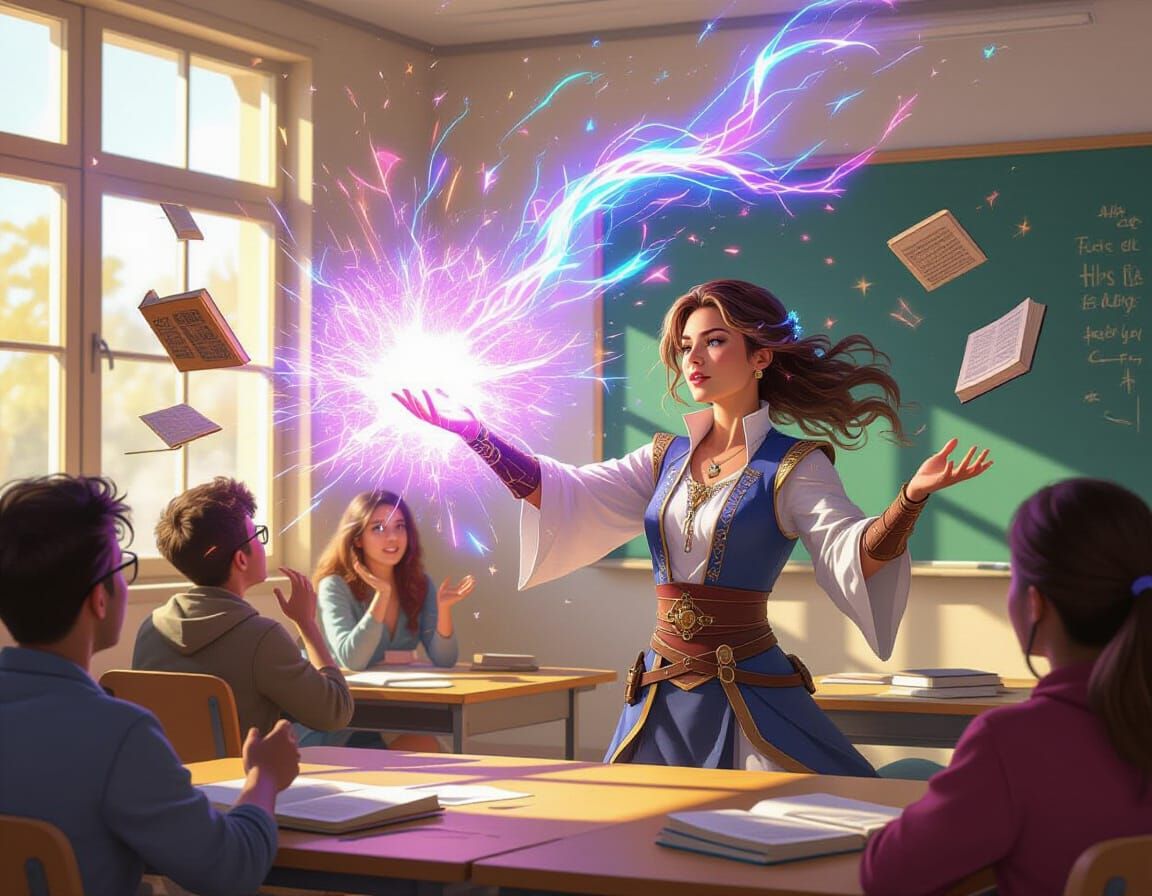 Modern Magic Teacher Demonstrates Arcane Spell in Sunlit Cla...