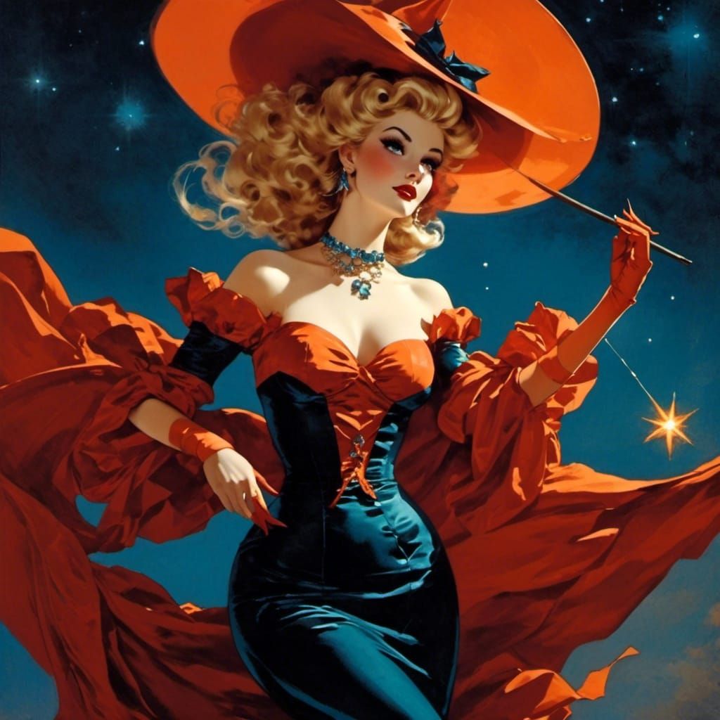 Pin-Up Witch Soaring Through Starry Sky