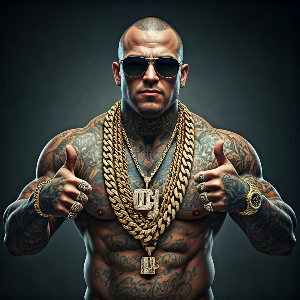 Rugged Gangster Rapper in Vibrant Tattoos and Luxury Accesso...