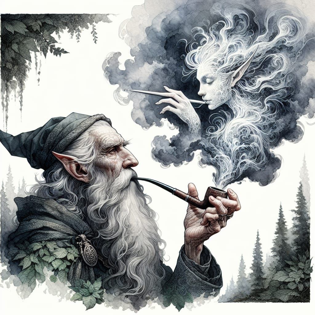 Watercolor Wizard Conjures Ethereal Elf with Pipe Smoke