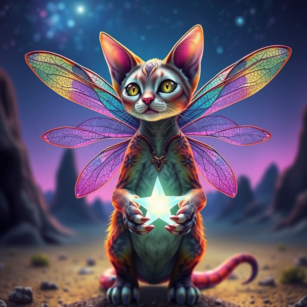 Hyper Realistic Alien Cat Dragonfly Hybrid in Colorful Cosmo...