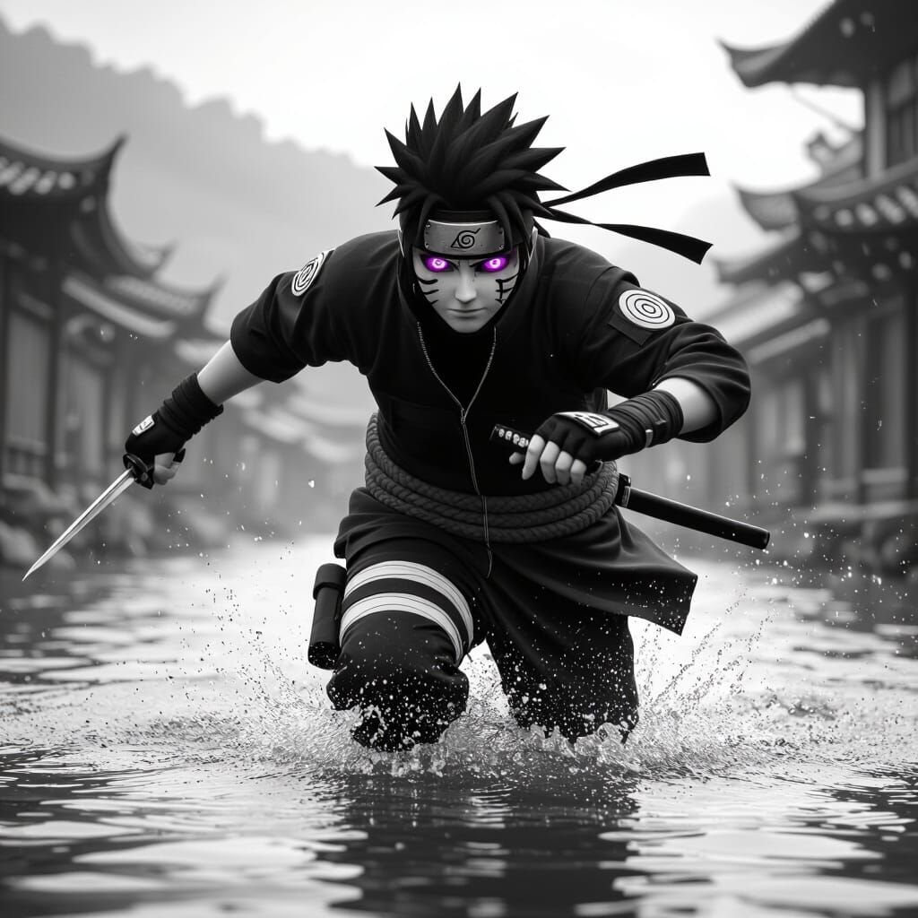 Naruto Ninja with Rinnegan Eyes Running on Water