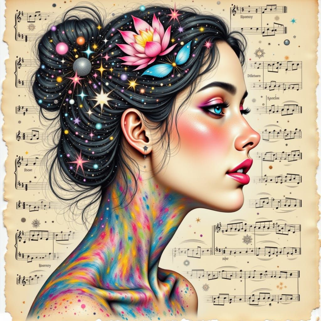 Musical Portrait with Galactic Dust in Mixed Media