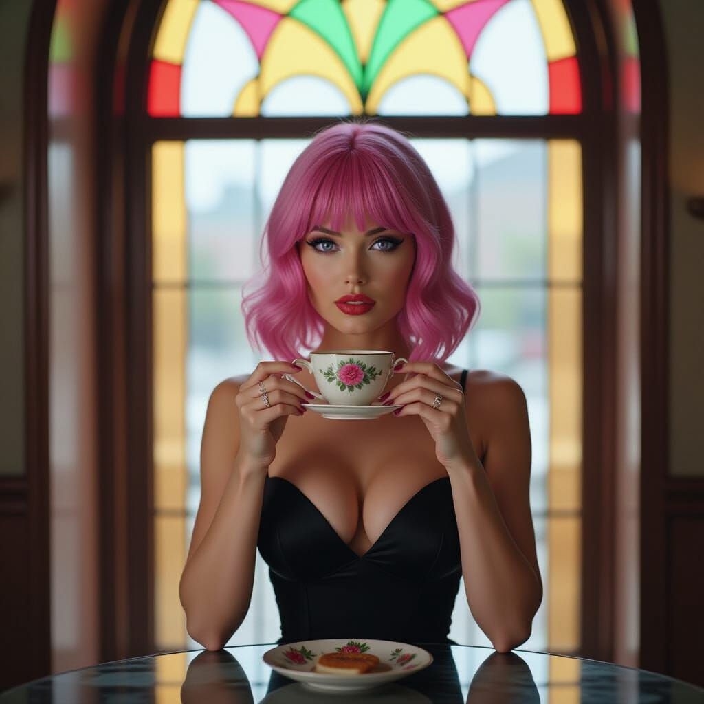 Elegant Woman in Black Dress Sips Tea by Stained Glass