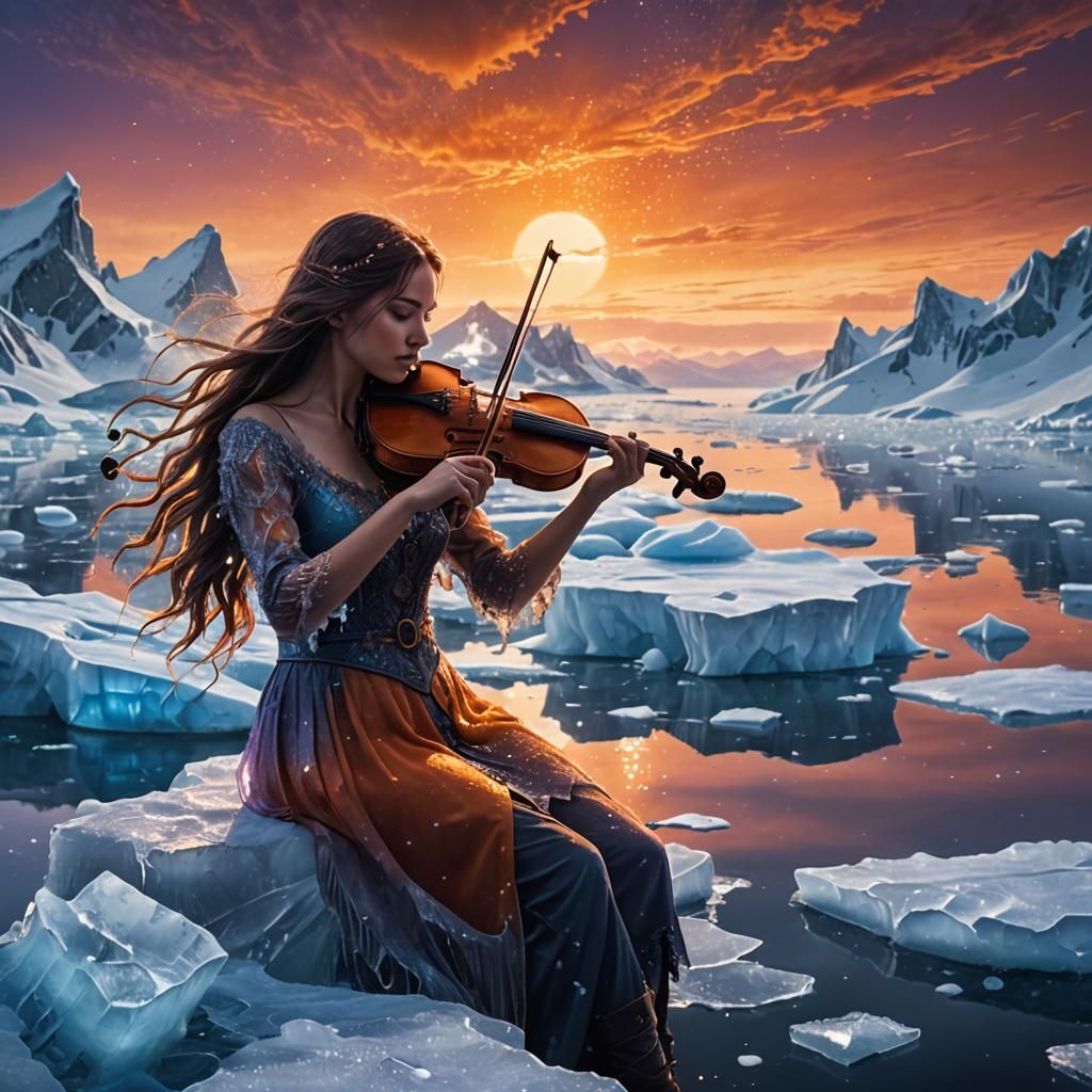 Ethereal Violinist in Icy Landscape: Fantasy Art