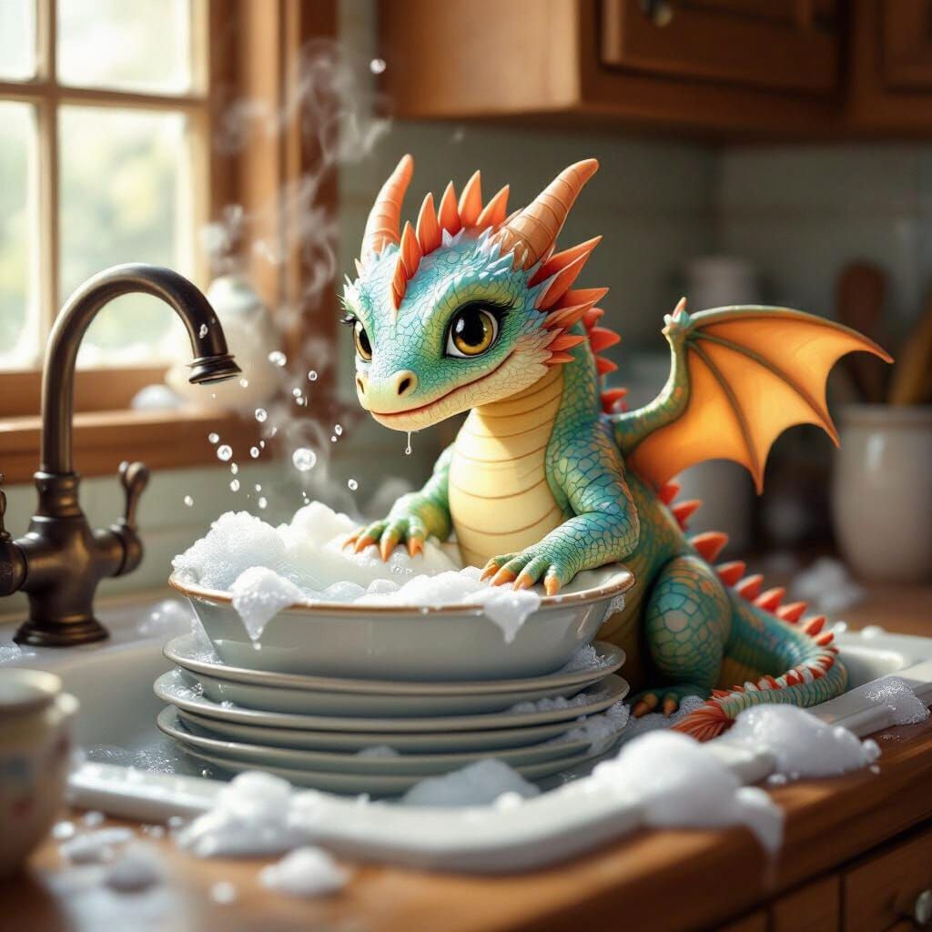 Whimsical Dragon Washes Dishes in Bubbles