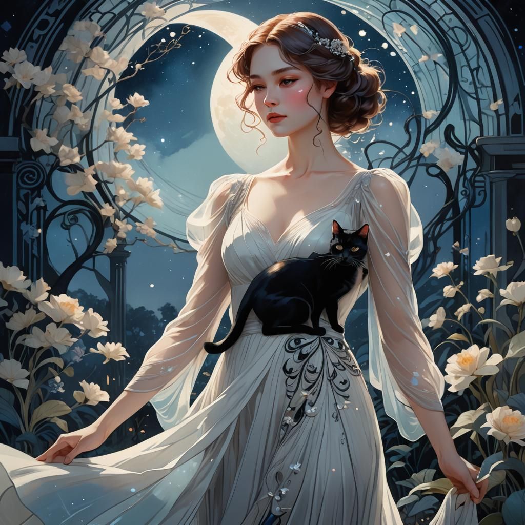 Elegant Lady with Black Cat in Art Nouveau Style